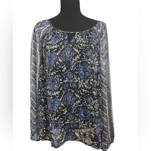 Lucky Brand Sheer Blue Purple Boho Live in Love Long Sleeve Blouse SZ L